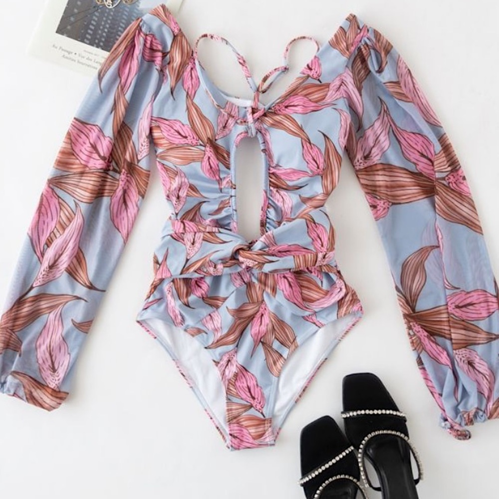 Chicwish mesh sleeve cut out blue pink leaf one piece swimsuit small NWT